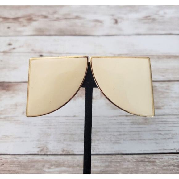 Vintage Clip On Earrings - Large Rounded Triangle Cream & Gold Tone - Picture 1 of 4